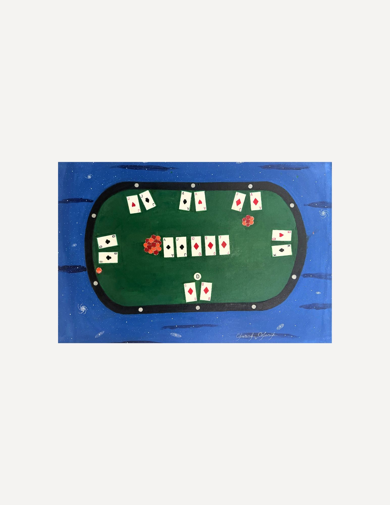 Edward Colarik Oil Painting: Edward ColarikTexas Hold 'Em Poker42" x 28"Oil on CanvasAbout the ArtistEdward Colarik was a Dallas-based multimedia artist, sculptor, designer, and producer whose career spanned more than five