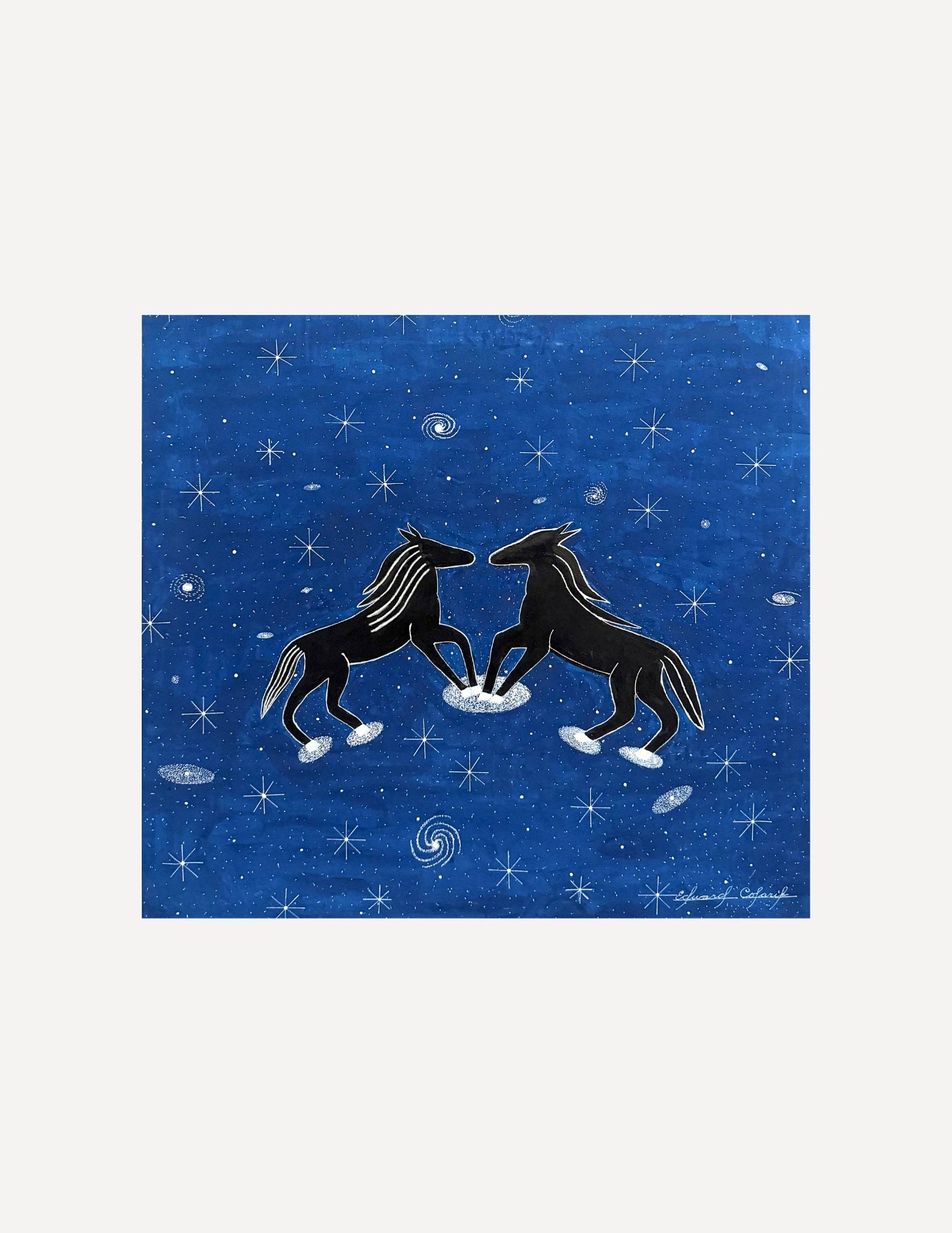 Edward Colarik Oil Painting: Edward ColarikMale & Female Horses Set in the Cosmos27" x 25"Oil on CanvasAbout the ArtistEdward Colarik was a Dallas-based multimedia artist, sculptor, designer, and producer whose career spanned mor