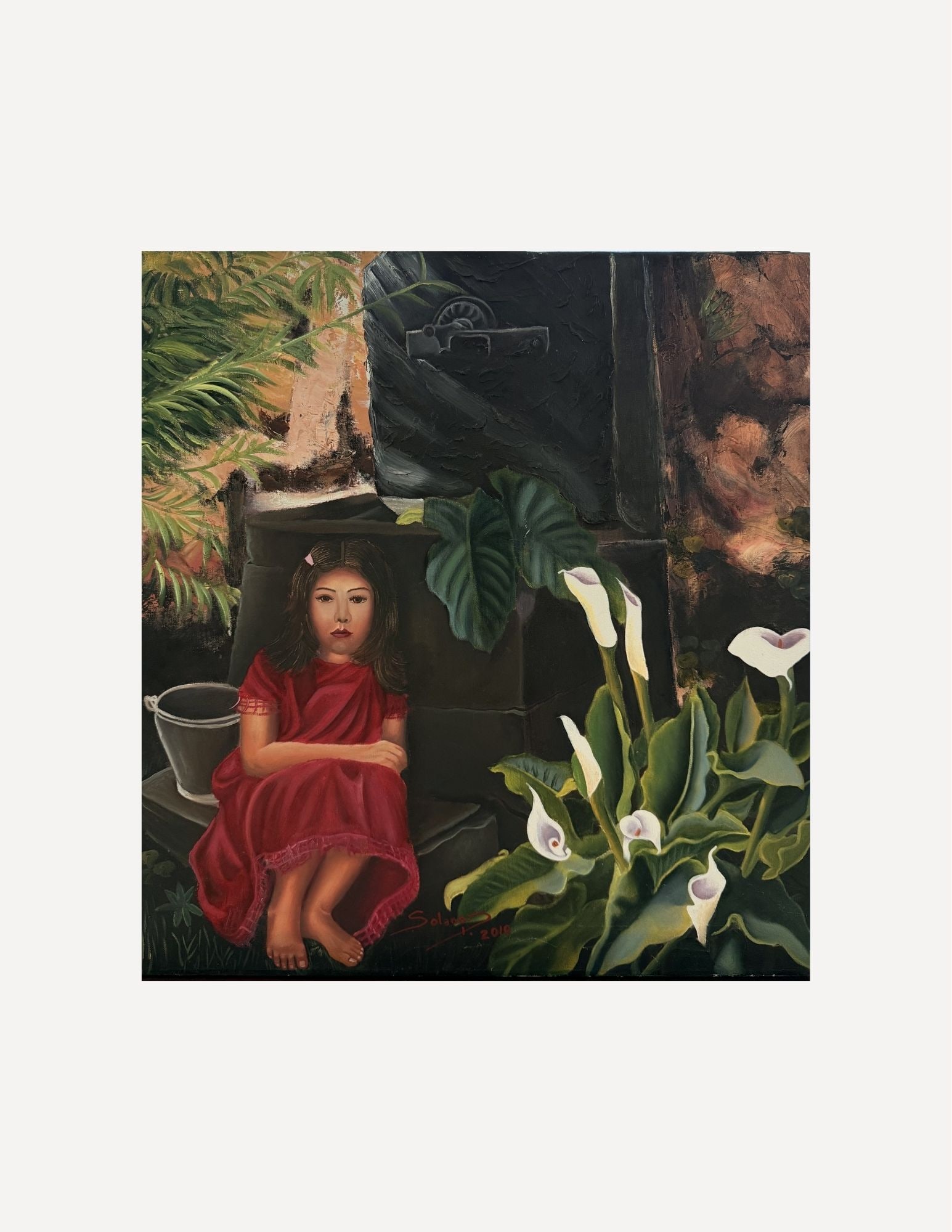 Abstract Contemporary Oil Painting: Solano18" x 19"Oil on CanvasGirl in a Red Dress Sitting by Lillies.