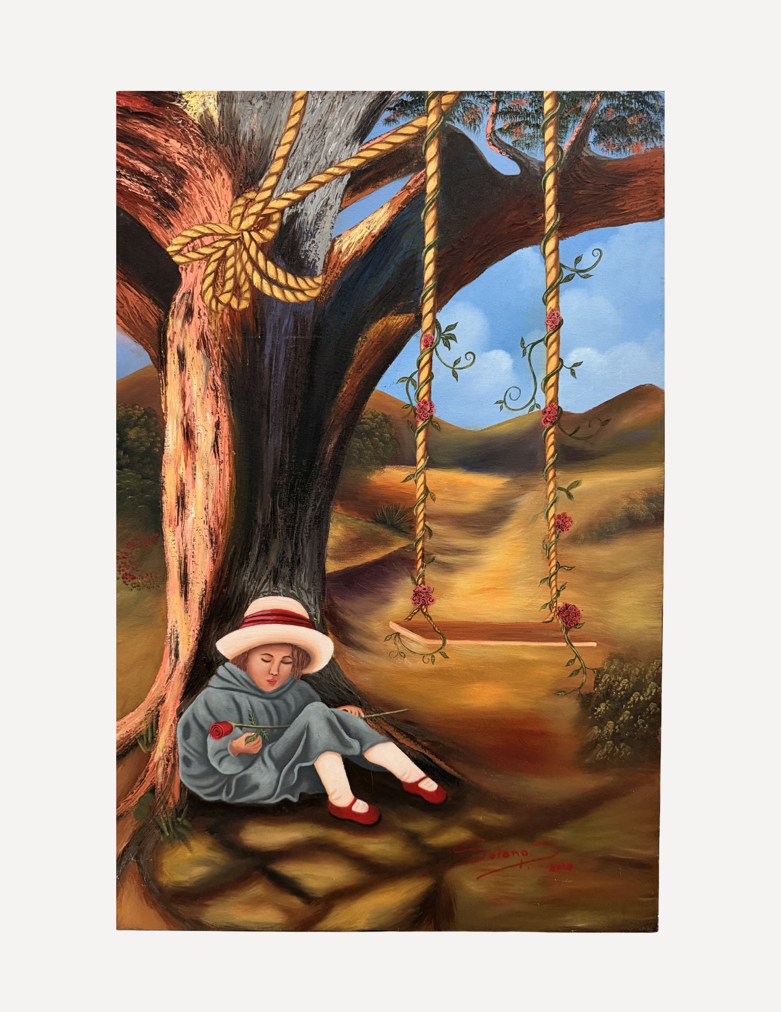 Geometric Abstract Contemporary Oil Painting: Solano24" x 16"Oil on CanvasGirl in a White Hat Sitting by a Swing.