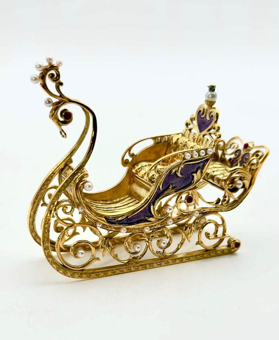 Franklin Mint Faberge 24K Gold Over Sterling Jeweled Sleigh Rubies Pearls Enamel (1 of 6)