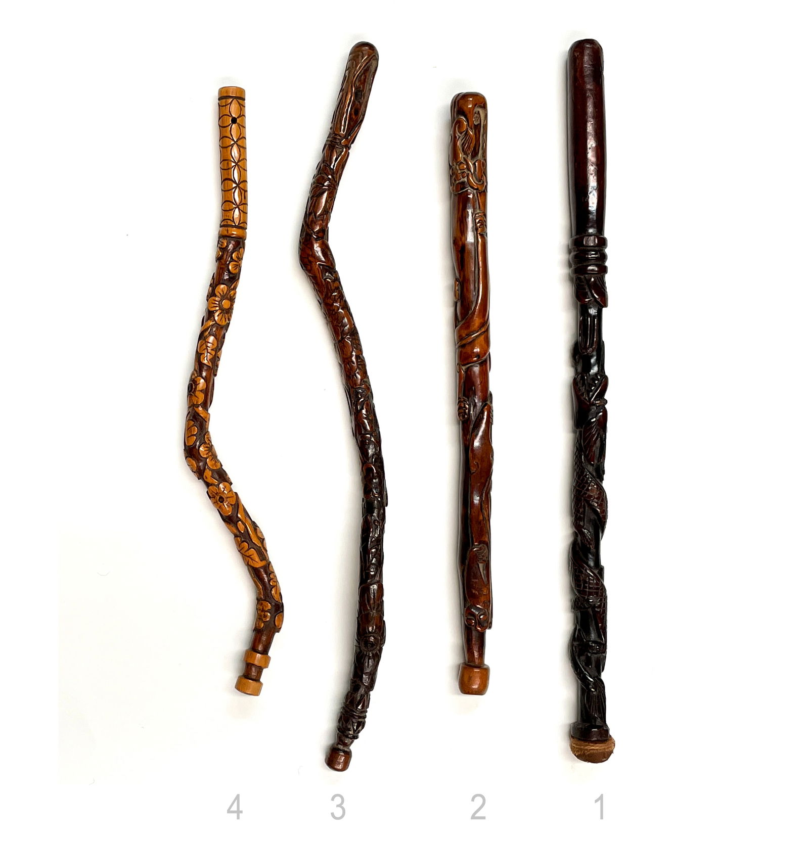 Four Chinese Wooden Fly Whisk Handles, Qing dynasty, 19th century (1 of 14)