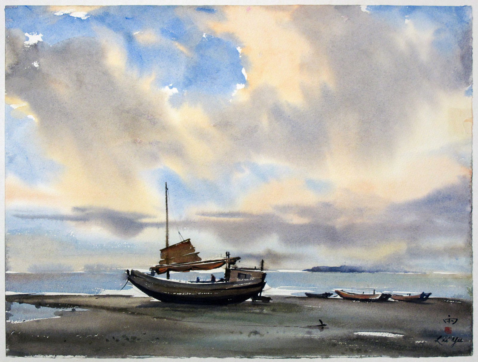 Lei Yu (1921-1989) Watercolor Painting “Sunset at Sea” (1 of 2)