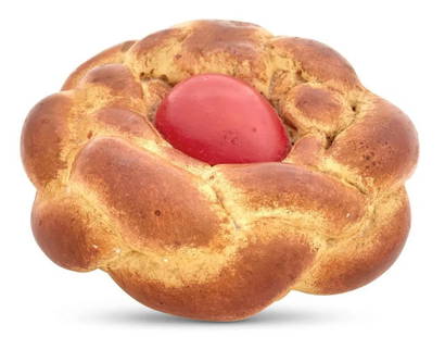 Jeff Koons BREAD WITH EGG (RED) Hydrocal multiple: Jeff Koons (b. 1955)BREAD WITH EGG (RED). Medium: Hydrocal multiple hand-painted with tempera, 1995. Signed, dated, numbered 7/250 published by the Armitage Foundation, New York.Measures 5 3/4 x 5 3/4