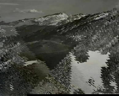 Ansel Adams - Longs Peak, Rocky Mount (Silver Gelatin): ANSEL ADAMS (1902-1984) Longs Peak, from Trail Ridge Road, Rocky Mountain National Park, Colorado, 1941. Silver gelatin, mounted to board . 7" x 9" inches, work is mounted