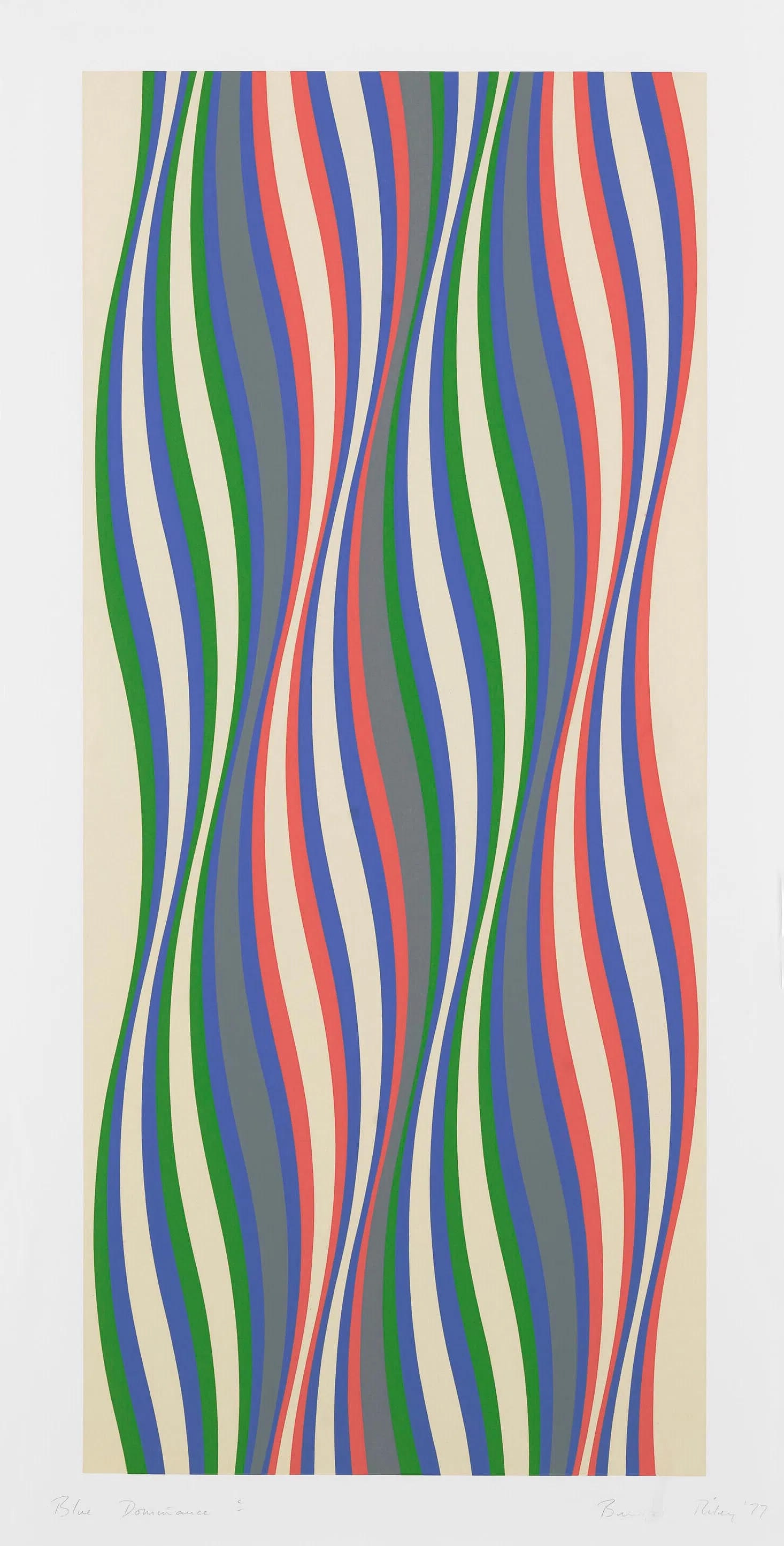 BRIDGET RILEY (B. 1931) Blue Dominance Print, After: BRIDGET RILEY (B. 1931),Blue Dominance,Print in colors, on wove paper, measures 38 x 20 inches. Bridget Riley was born at Norwood, London, the daughter of a businessman. Her childhood was spent in Cor