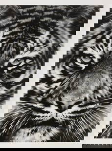 ROBERT LONGO (B. 1953) Untitled (Leo) print in colors after: Measures 45 x 33 inches, print in colors on woven paper, Robert Longo is known for large-scale, hyperrealistic charcoal portraits that consider power, authority, and social unrest. In the early 1980s,