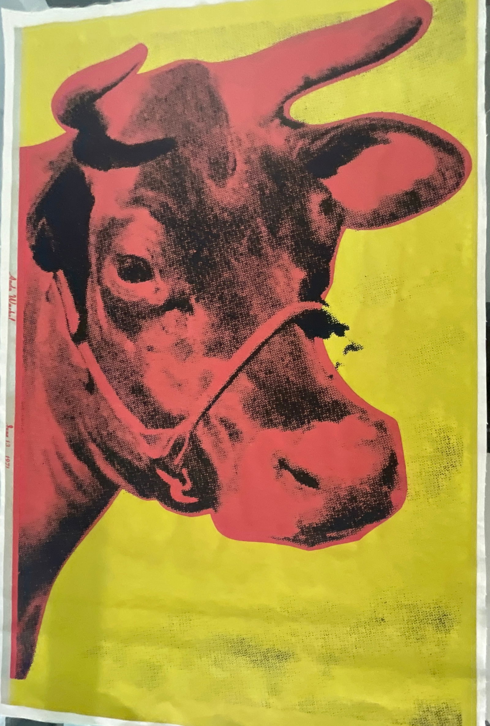 Andy Warhol (1928-1987) Yellow Cow Lithograph, After: Andy Warhol (1928-1987) Yellow Cow Lithograph. Measures: 45 x 29 inches, mounted to linen backing. Andy Warhol was an American visual artist, film director and producer. A leading figure in the pop ar