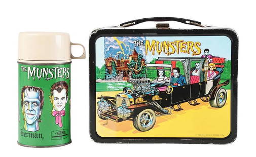 The Munsters Lunch Box: Lunch box includes thermos. Great color and detail. Dated 1965. Dimensions: 8 -1/2" x 7 inches
