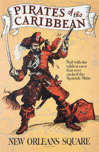 Walt Disney Pirates of the Caribbean Poster linen backed ,after: Measures 54 x 36 inches, backed on linen, later printing , Walter Elias Disney was born on December 5, 1901 in Chicago, Illinois, the son of Flora Disney(née Call) and Elias Disney, a Canadian-born f