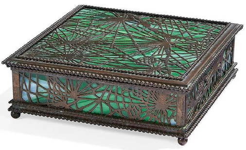 Tiffany Studios Pine Needle box, #11: Tiffany Studios Pine Needle box, #11, New York, New York. patinated bronze, green slag glass,numbered, 7"sq x 2 1/2"h