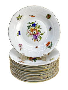13 Herend Hungary Hand Painted Dessert Plates #1520: Herend Hungary hand painted dessert plates #1520. Various hand painted florals, fruits and vegetables throughout. A basketweave to edge. Herend Hungary mark to the underside base. Measures Approx., 8.
