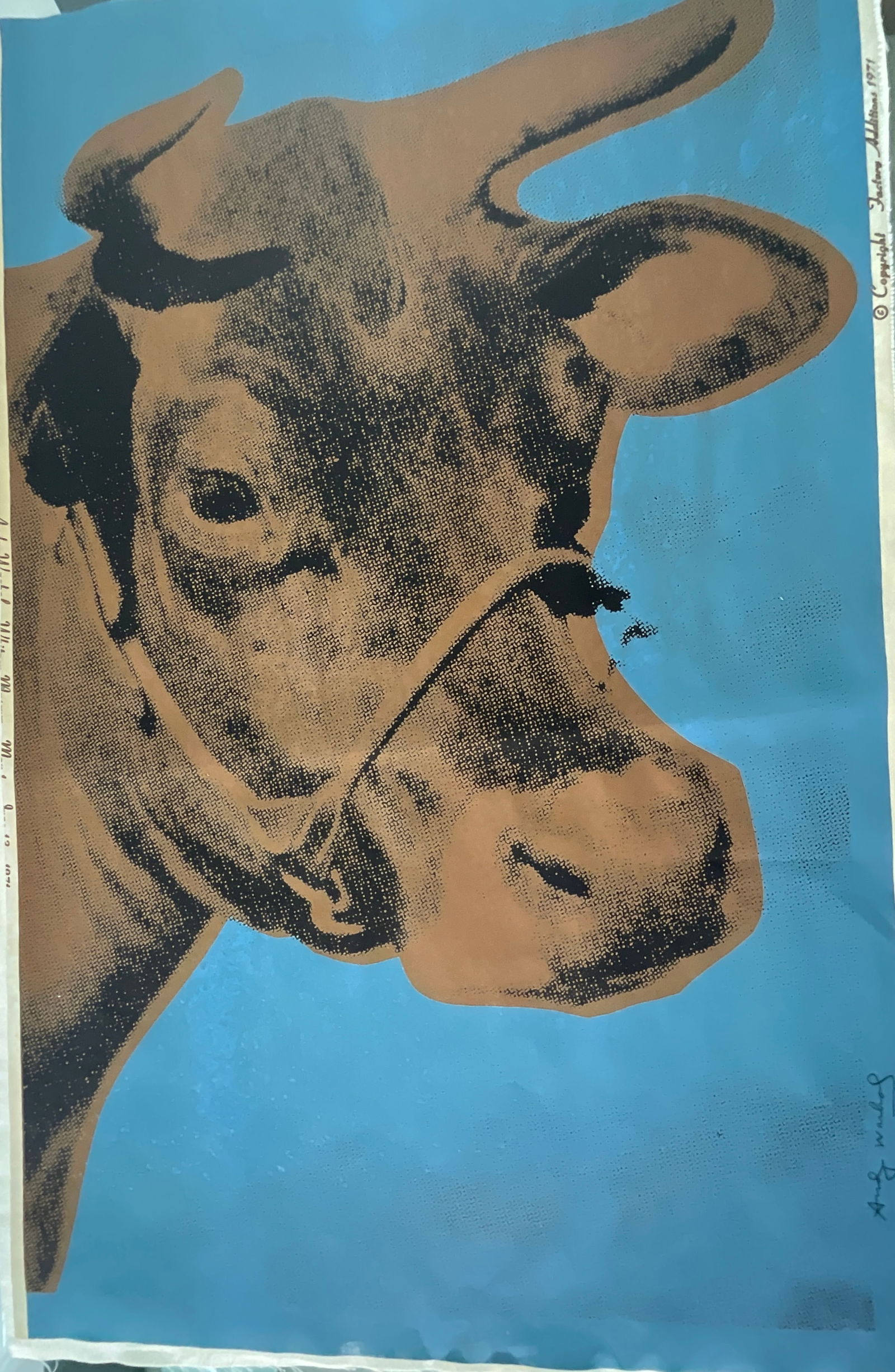 Andy Warhol (American, 1928-1987) Purple Cow Lithograph Hand Signed After: Andy Warhol (American, 1928-1987) Purple Cow Lithograph Hand Signed. Measures: 45 x 29 inches, mounted to linen backing. Andy Warhol was an American visual artist, film director and producer. A leadin