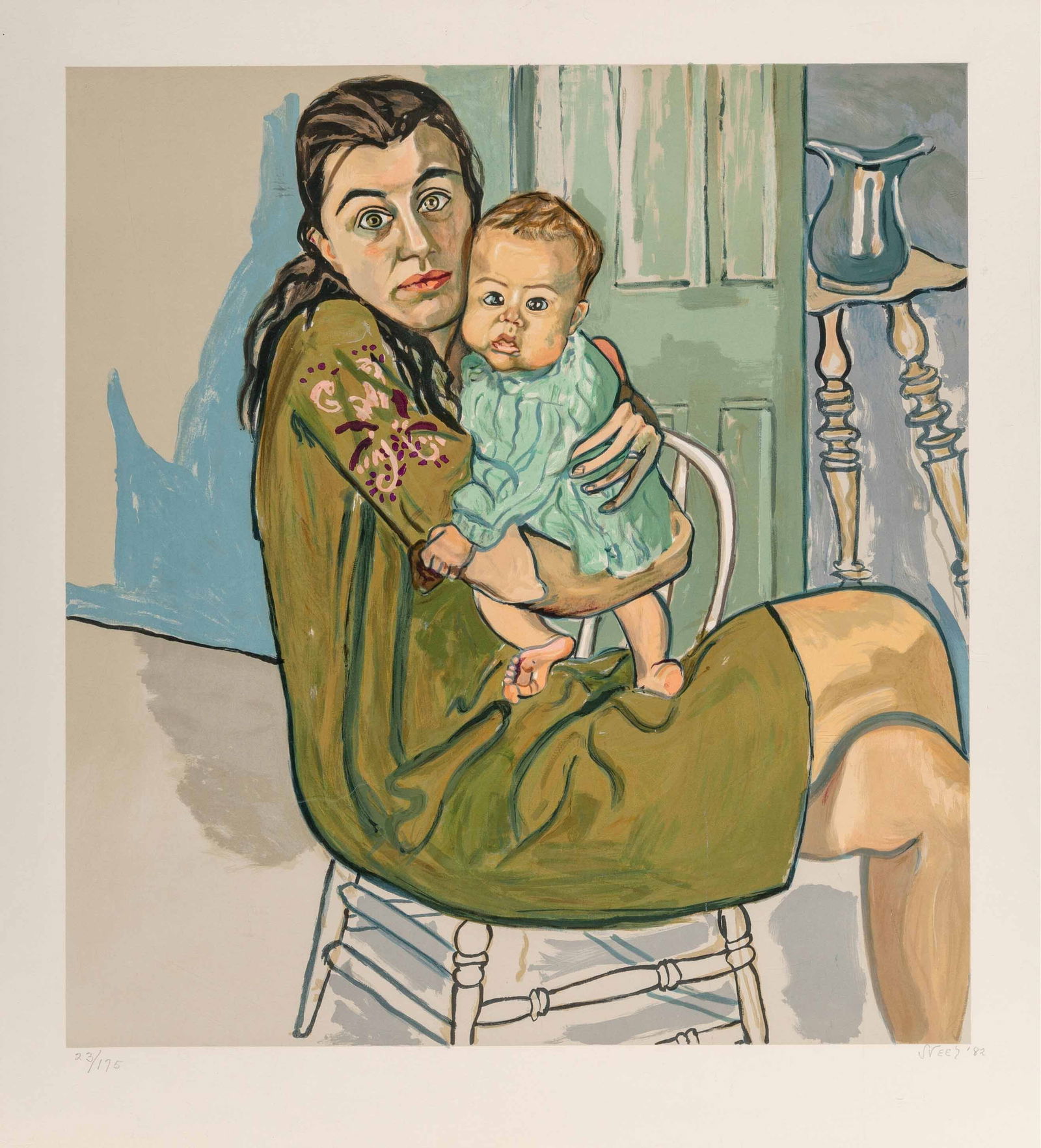 Alice Neel (American, 1900-1984) Mother & Child, After: Print in colors, Measures: 31 x 28 inches. Alice Neel was an American visual artist. Recognized for her paintings of friends, family, lovers, poets, artists, and strangers, Neel is considered one of t