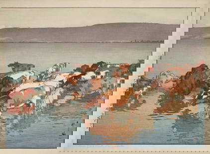 Yoshida Hiroshi (Japanese, 1876-1950) Midday Rest, After: Measures: 16 x 21 1/2 inches, offset print in colors.Hiroshi Yoshida was a 20th-century Japanese painter and woodblock printmaker. Along with Hasui Kawase, he is regarded as one of the greatest artist