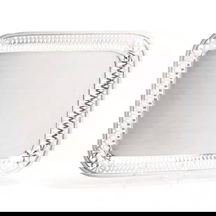 A 925 Sterling Silver Tea Tray: Antique Sterling Silver Tea Traymark of Rand & Crane of Boston, rectangular form with finely designed cutwork flange. 20 x 16 in. 71.3 troy oz.
