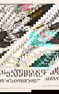 Jean Dupas (1882-1964) BAL DES ÉTUDIANTS, ALHAMBRA - 8 JANVIER 1927: Jean Dupas (1882-1964) BAL DES ÉTUDIANTS, ALHAMBRA - 8 JANVIER 1927. Medium: lithograph in color, 1926, printed by Rousseau Frères, Bordeaux, backed on linen, 78 x 50 1/2 inches. Jean Théodore Dupa