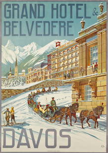Hans Eggimann (1872-1929)GRAND HOTEL & BELVEDERE, DAVOS: Hans Eggimann (1872-1929) GRAND HOTEL & BELVEDERE, DAVOS. lithograph in colors, 1905, printed by Kümerly & Frey, Bern, backed on japan. Measures: 50 x 35 1/2 inches. Hans Eggimann's father Rudolf Egg