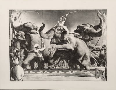 Robert Riggs (American, 1896-1970) Elephant Act, After: Measures: 18 x 23 3/4 inches, print in colors. An artist best known for his lithographs of prizefights and circus scenes, Riggs was one of the most successful American printmakers of 1930s and 1940s.