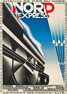 A.M. Cassandre (1901-1968) NORD EXPRESS: A.M. Cassandre (1901-1968) NORD EXPRESS. Medium: lithograph1927, printed by Hachard & Cie., Paris, backed on linen 41 1/2 x 31 1/2 inches. LITERATURE Art Deco, p.77; Cassandre, 19; Suntory, 49; Weill,