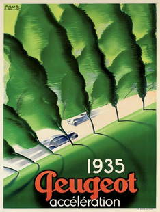 Paul Colin (1892-1986) PEUGEOT: Paul Colin (1892-1986) PEUGEOT lithograph in color, 1935, printed by Bedos & Cie., Paris, backed on linen. Measures: 63 x 47 1/2 inches. Paul Colin (27 June 1892 – 18 June 1985) born in Nancy, Franc