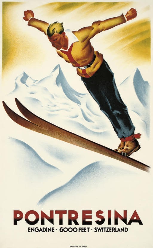 Carl Moon (1878-1959) PONTRESINA: Carl Moon (1878-1959) PONTRESINA. Medium: lithograph in color, 1928, printed by Fretz Bros., Ltd., Zürich, backed on linen. Measures: 40 x 25 inches. Carl Everton Moon (October 5, 1878 – June 24, 1