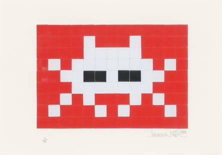 INVADER (B. 1969) Invasion (Red) after: INVADER (B. 1969) Invasion (Red) Print in red on woven paper, Measures 11.75 x 16.5 inches, In the late 1990s, anonymous French artist Invader began cementing and gluing ceramic mosaic Space Invaders�