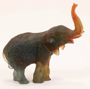 DAUM FRANCE PATE DE VERRE ELEPHANT: DAUM FRANCE PATE DE VERRE ELEPHANT, H 8.5", L 8.75" inches, Elephant in green to orange
