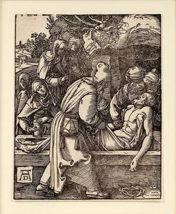 ALBRECHT DURER WOODCUT ON PAPER: ALBRECHT DURER (GERMAN, 1471-1528), WOODCUT ON PAPER, H 5", L 4", "THE ENTOMBMENT OF CHRIST" Woodcut, on paper, The Small Woodcut Passion, trimmed to the border