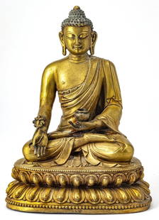 CHINESE GILT BRONZE SEATED BUDDHA STATUE: CHINESE GILT BRONZE SEATED BUDDHA STATUE, H 12 1/2", W 10", D 6" INCHES