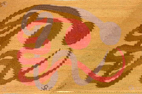 LAMBRIZI' MAGUEY FIBER TAPESTRY, AFTER CALDER: After Alexander Calder (American, 1898-1976). "Lambrizi" - 1975, Maguey fiber tapestry (Guatemala), embroidered CA75 to LR, 3/100 to LL, copyright symbol to UL. Approximately measures h. 56", w. 84".
