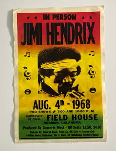 Jimi Hendrix Field House 1968 Concert Poster: Measures: 12 x 17 7/8 inches, unknown printing date and edition.