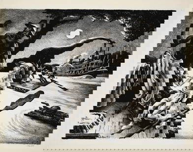 THOMAS HART BENTON (1889-1975) Huck Finn, from The Missouri State Capitol Mural Series. Print on: THOMAS HART BENTON (1889-1975) Huck Finn, from The Missouri State Capitol Mural Series. Print on Rives paper18 3/4 x 23 3/4 inches. One of the central artists associated with the American Regionalism