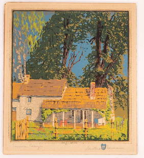 GUSTAVE BAUMANN WOODCUT ON LAID PAPER, 1918: GUSTAVE BAUMANN (AMER/GERMAN, 1881–71), WOODCUT IN COLORS ON LAID PAPER, 1918, H 11", W 10", SUMMER BREEZE Signed in pencil, titled and numbered '6 of 100', with the hand-in-heart inkstamp, with mar