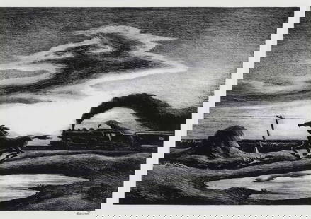 THOMAS HART BENTON (1889-1975) The Race, After: THOMAS HART BENTON (1889-1975) The Race , print , on Rives paper, measures 11 1/2 x 15 3/4 inches. One of the central artists associated with the American Regionalism movement that also included John