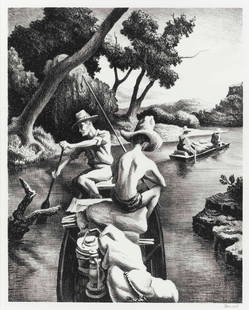 THOMAS HART BENTON (1889-1975) Down the River, After: THOMAS HART BENTON (1889-1975) Down the River, print , on wove paper, 16 x 12 inches. One of the central artists associated with the American Regionalism movement that also included John Steuart Curry