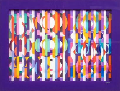 YAACOV AGAM "PURPLE" SERIGRAPH, OP ART: Yaacov Gibstein Agam (Israeli b. 1928-). "Purple" - circa 1990s, serigraph on acrylic, ink signed and numbered on lower marginAbstracted circular motif on two layers of acrylic. Approx. 15.75" x 20.75