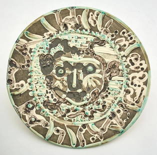 Pablo Picasso VISAGE DE FAUNE TOURMENTÉ: Pablo Picasso (1881-1973), VISAGE DE FAUNE TOURMENTÉ (ALAIN RAMIÉ 320), ceramic plate, 1956, numbered 14/200 and with the Madoura Plein Feu and Empreinte Originale de Picasso pottery stamps on the u