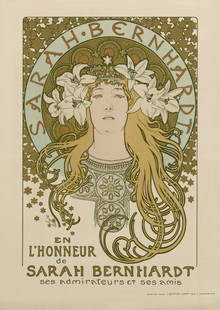 Alphonse Mucha (Czech, 1860-1939) Sarah Bernhardt, After: Alphonse Mucha (Czech, 1860-1939) Sarah Bernhardt, print in colors, measures: 29 3/4 x 21 3/4 inches. Alfons Maria Mucha, known internationally as Alphonse Mucha, was a Czech painter, illustrator, and