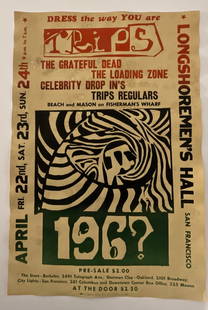 Grateful Dead Longshoremens Hall San Francisco Poster: 23 7/8 x 15 7/8 inches, staining and foxing throughout, Grateful Dead (Longshoremen's - San Francisco) poster, unknown printing date, measures: 23 7/8 x 15 7/8 inches