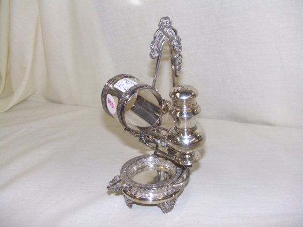 victorian silverplated one piece serving breakfast: victorian silverplated one piece serving breakfast set with attached napkin ring, individual salt pepper, and finger bowl bird and flower motif maker unknown cond. VG 8in
