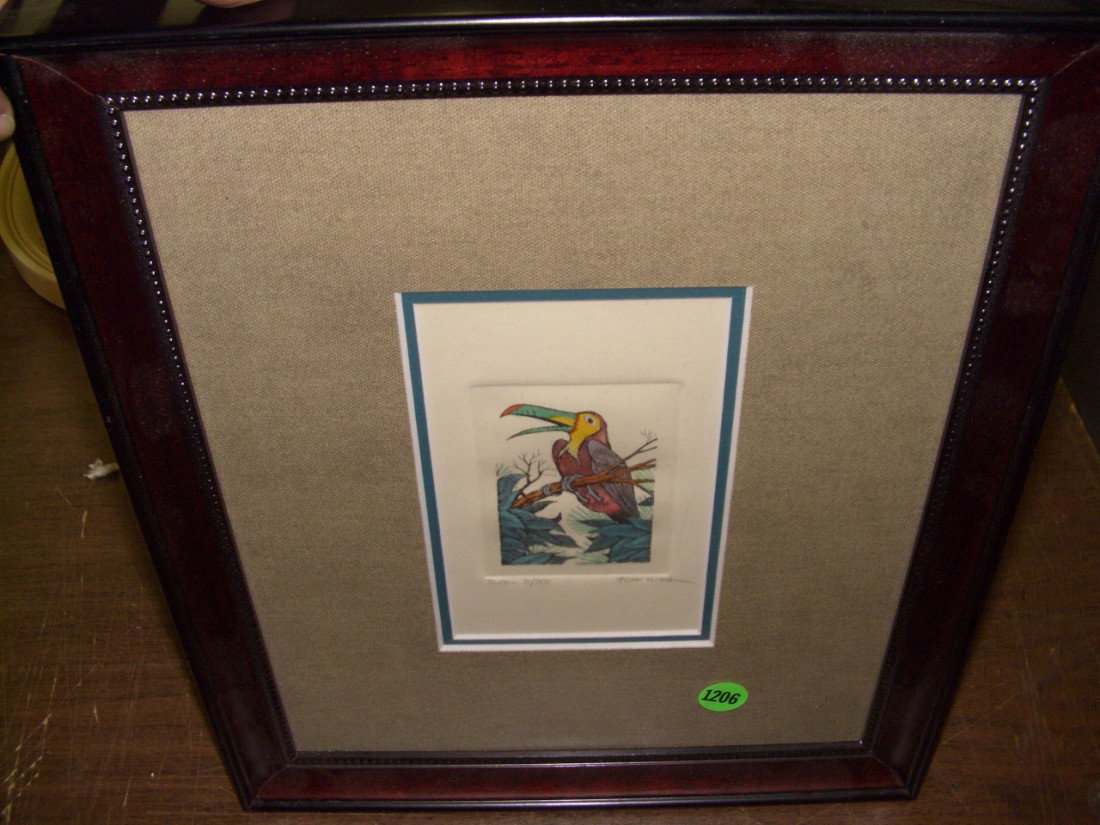 hand signed and numbered etching / watercolor "To: hand signed and numbered etching / watercolor "Toucan" by Dan Mitra frame is 13 1/2 x 11 art 6 x 3 1/2 by Dan Mitra: Limited edition hand tinted lithograph ... Age: Contemporary. Media: Lithograph / W