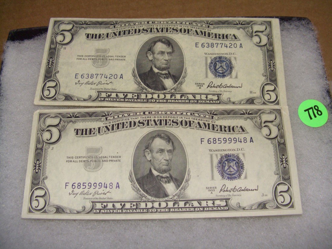 (2) piece US five (5.00) dollar bills 1953: (2) piece US five (5.00) dollar bills 1953