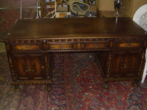 1167: Dark Oak Antique Desk With Faux Partners Desk Sid - 1167: Dark Oak Antique Desk With Faux Partners Desk Sid