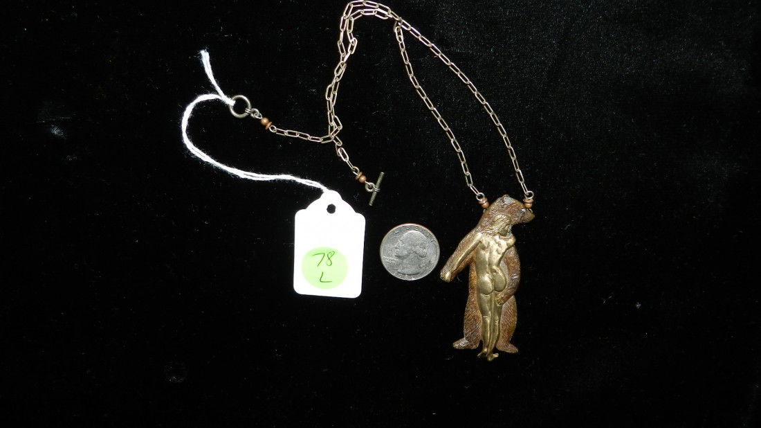 wonderful Native American necklace Bronze bear wit: wonderful Native American necklace Bronze bear with nude woman, signed Cavin 20C?