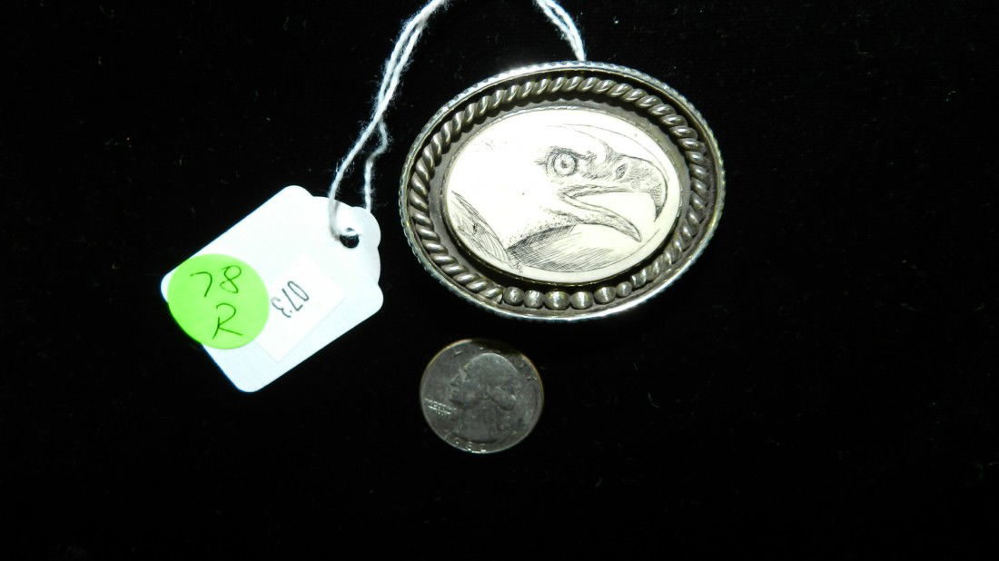 wonderful Native American sterling and Ivory scrim: wonderful Native American sterling and Ivory scrimshawed brooch, Eagle