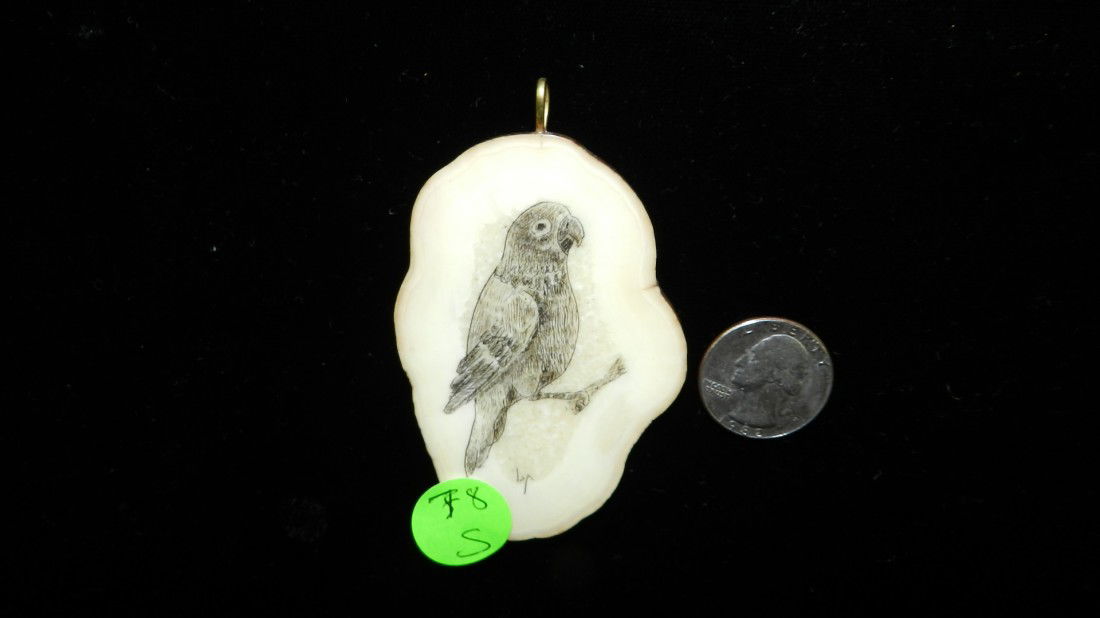 wonderful Native American Ivory scrimshawed penda: wonderful Native American Ivory scrimshawed pendant, Bird on branch, signed