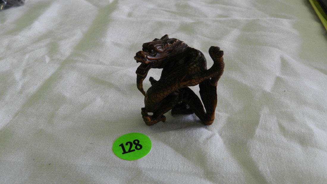 carved boxwood netsuke of standing coiled dragon: carved boxwood netsuke of standing coiled dragon