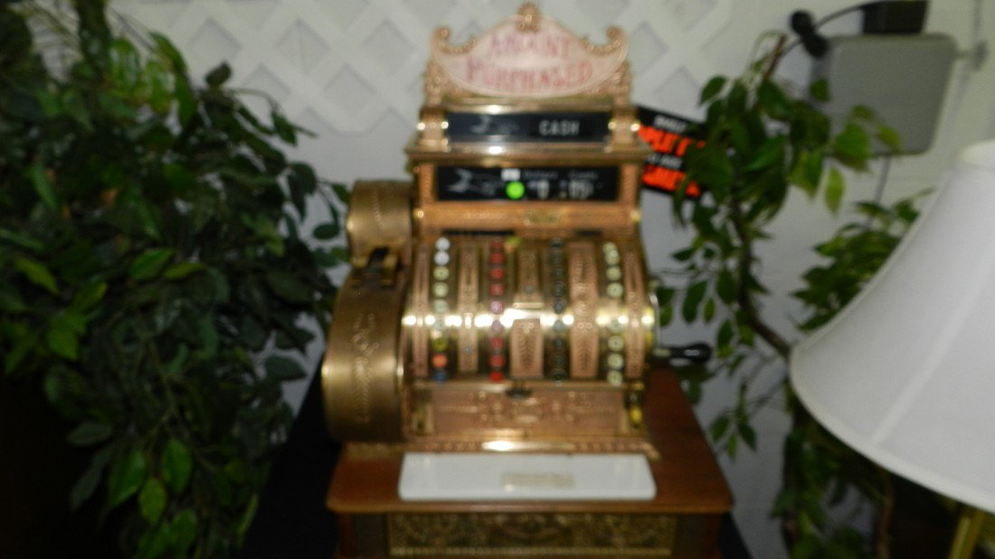 vintage (heavy) large brass National cash registe: vintage (heavy) large brass National cash register, cranks but drawer doesn't pop out SSR
