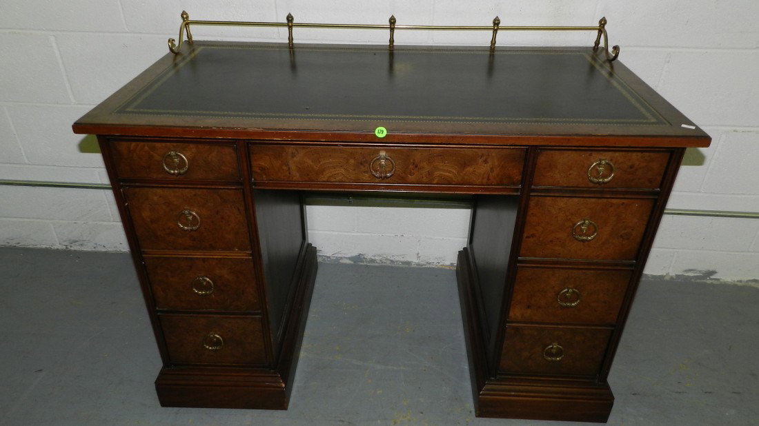 signed Sligh vintage writing desk with brass rail : signed Sligh vintage writing desk with brass rail SSR